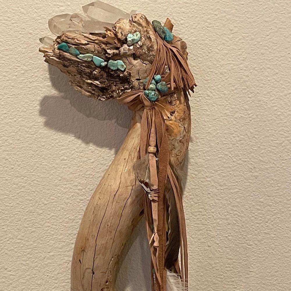 NATIVE AMERICAN /AUTHENTIC/ TALKING STICK DECORATED WITH TURQUOISE AND CRYSTALS